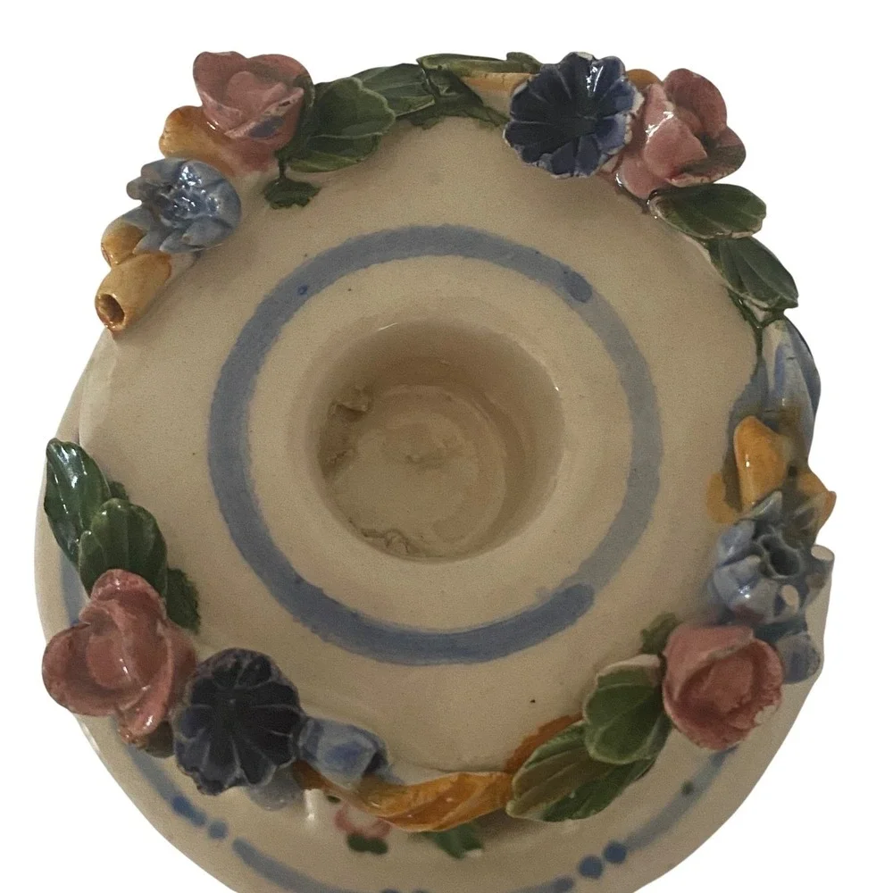 Naples Italy‎ Ceramic Candlestick Holder Applied Flowers Bird Reticulated Base